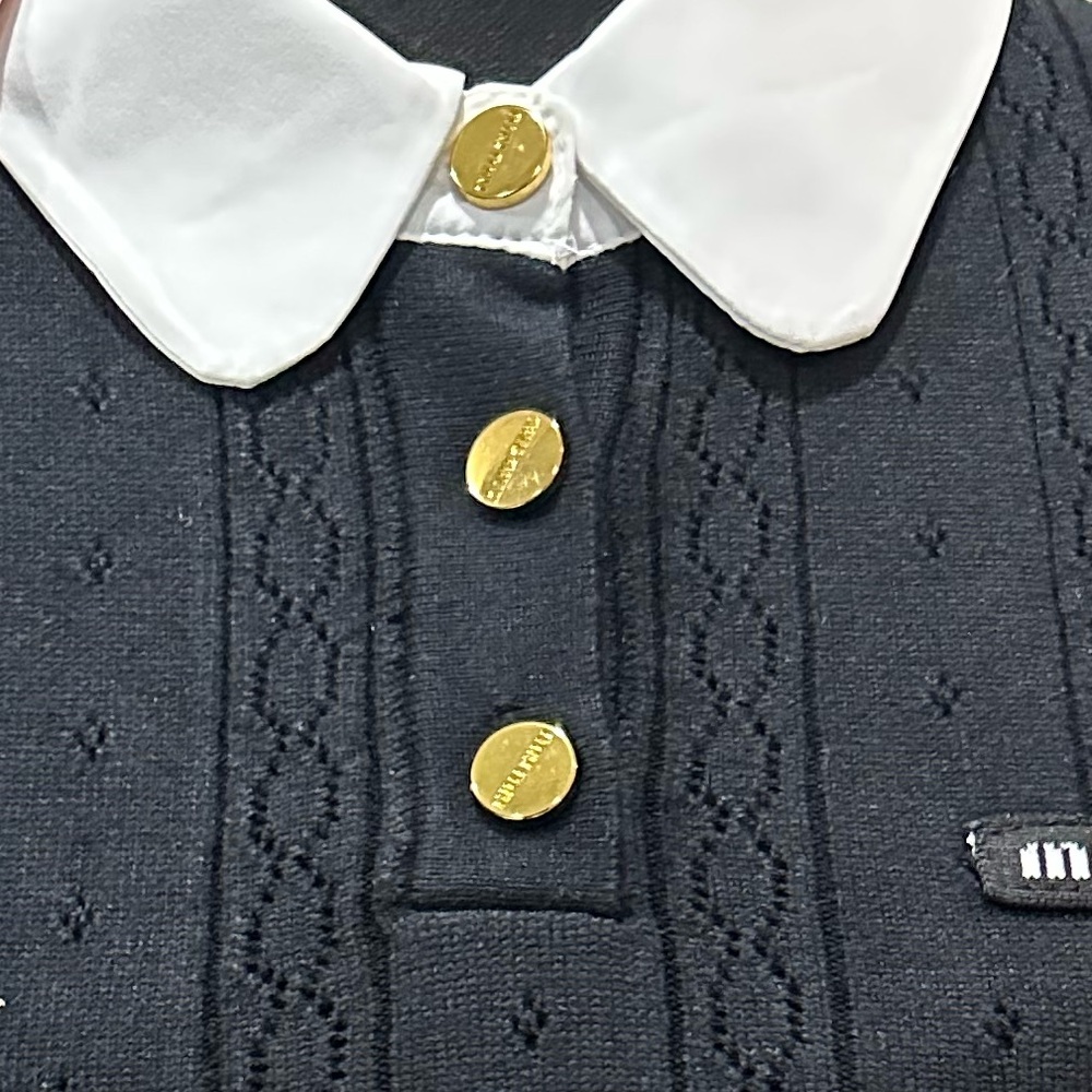 Miu Miu Black Knit Polo Sweater with White Collar and Gold Buttons - Picture 3 of 3